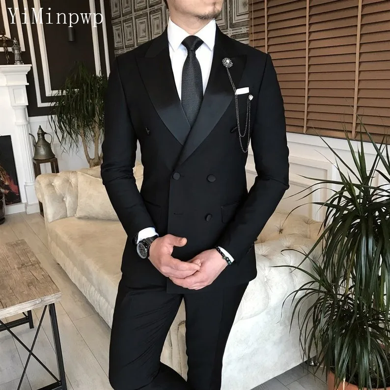Black Wedding Suits for Men Bespoke Peak Lapel Double Breasted Blazer Groom Tuxedos  Costume Mariage Homme 2 Pieces Jacket+Pants