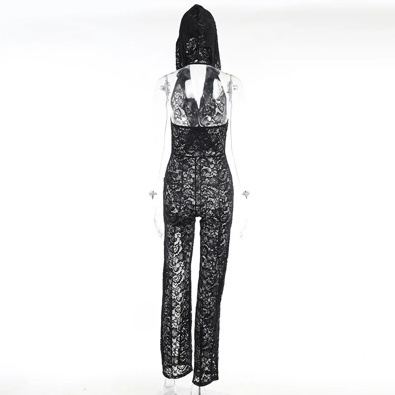 Women Sexy See Through Jumpsuits Deep V Neck Sleeveless Backless High Split Club Party Lace Hooded Rompers Hottie Slim Overalls