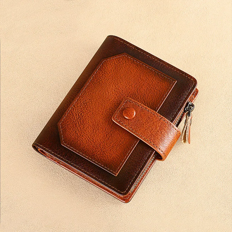 Wallet Men's anti-theft swipe card vertical vintage leather multi-functional zip fastener Men's leather wallet Card bag