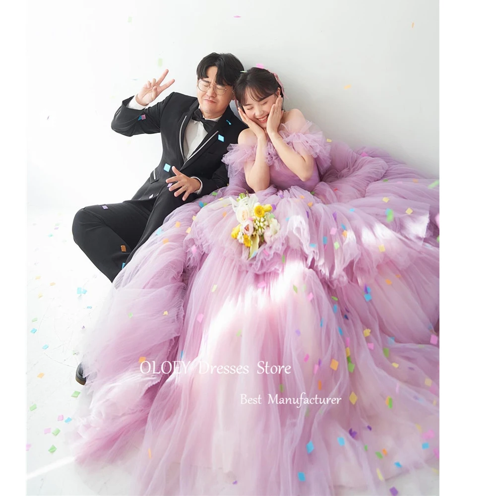 

OLOEY Lavender Tulle Tiered Wedding Dresses Photoshoot Korea Off Shoulder Long Evening Dress Formal Party Dress Corset Back