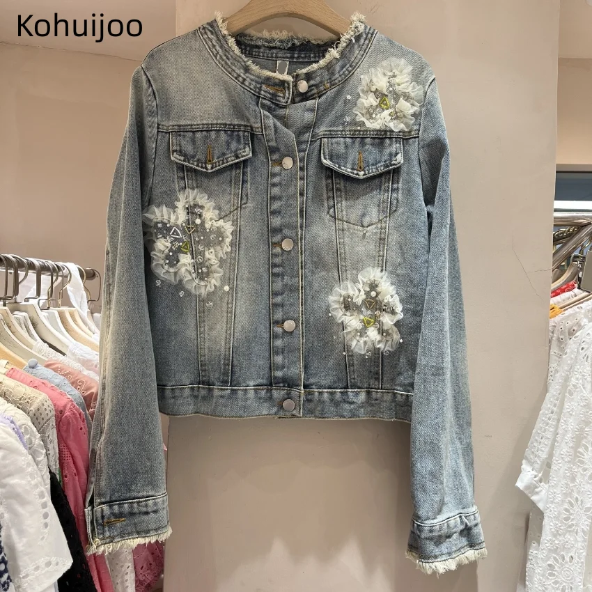 

Kohuijoo Autumn New Heavy Embroider Beading Jeans Jackets Oversize Female Vintage Flower Gentlewoman Denim Short Coat Women