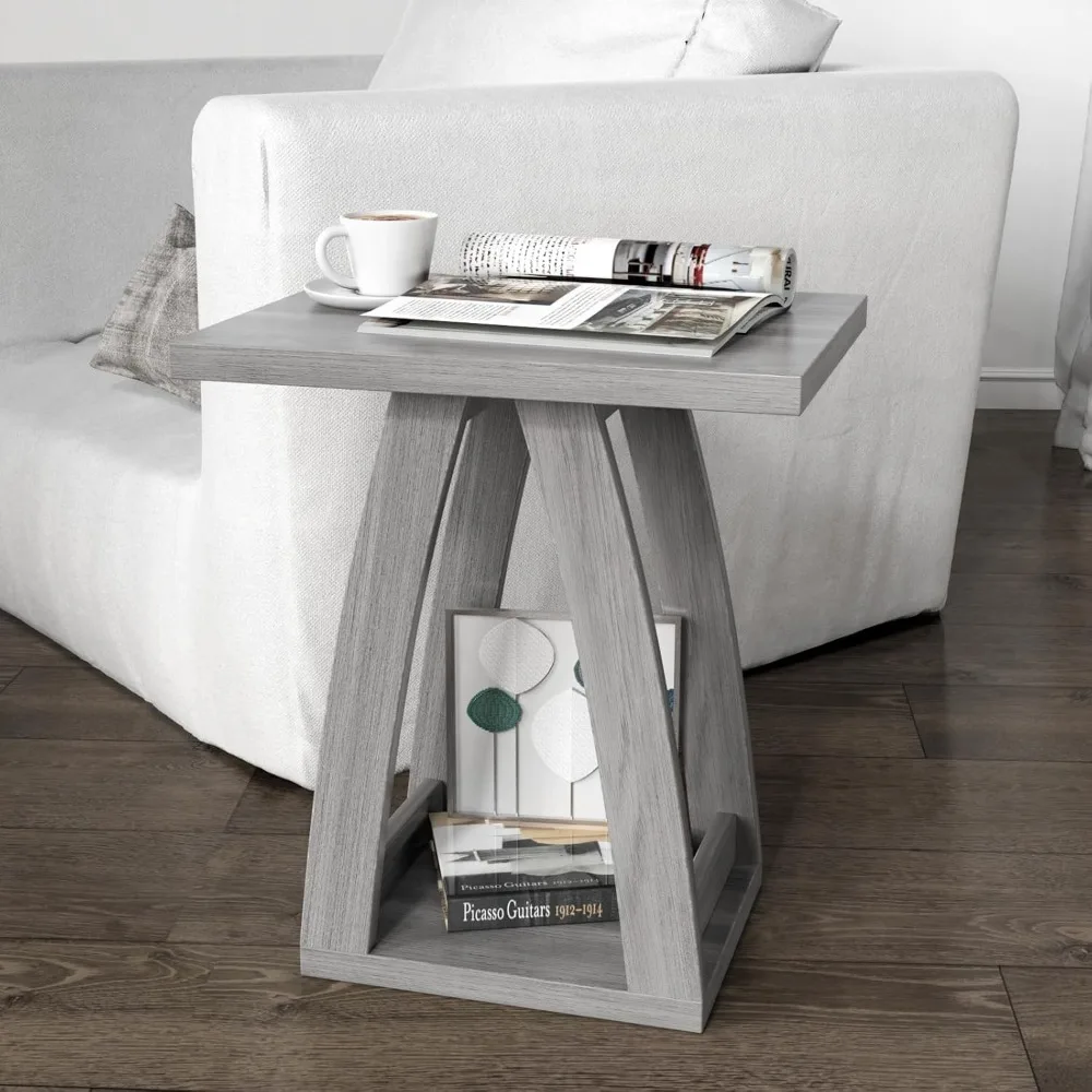Modern Grey End Table Set of 2, Side Table with Shelf for Living Room & Bedroom, Multifunctional Nightstand