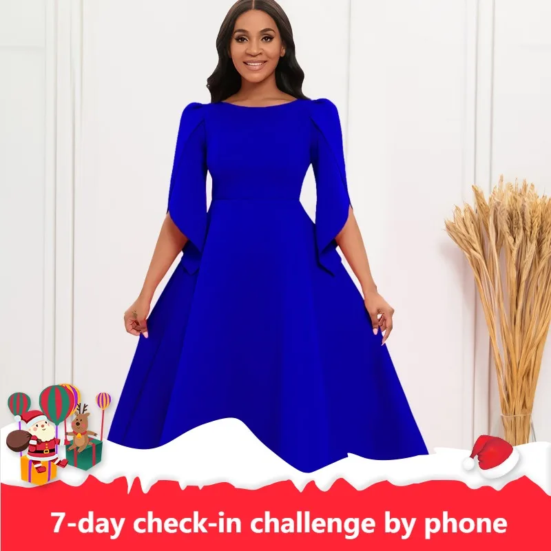 

African Wedding Party Dresses for Women Summer Autumn African 3/4 Sleeve Solid Color Knee-length Dress African Dresses Women