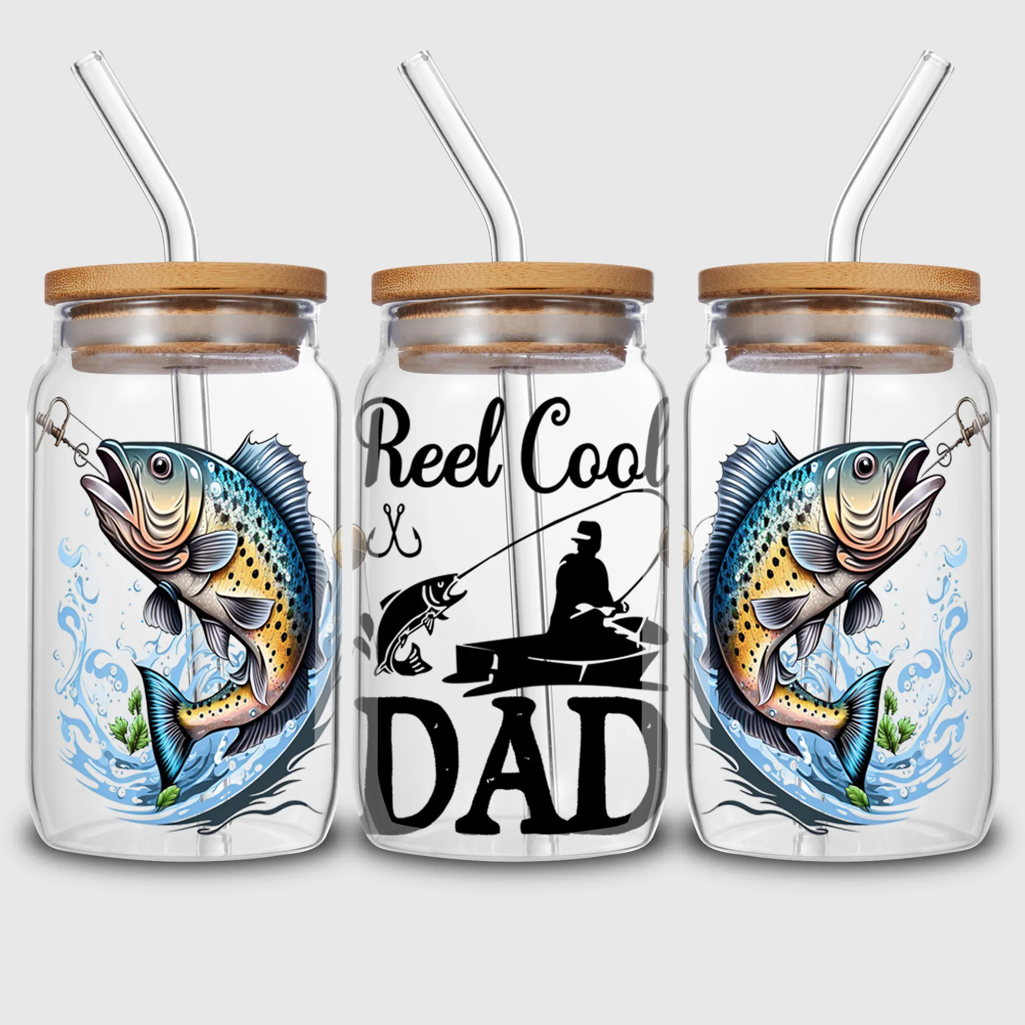 5 Sheets Fishing Dad UV DTF Cup Stickers, Sport DTF Transfer Stickers for Glass, Waterproof Friction Transfers, for 16 oz Glass,