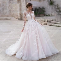 Round Collar Long Sleeves Wedding Dresses Bright Backless Bridal Gowns A Line Mopping Length Ball Vestidos De Novias Customized 1