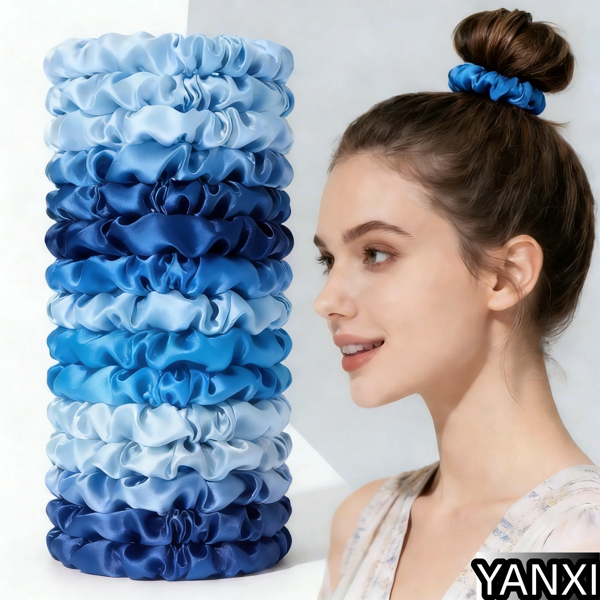 1/30/60/100 Stück Haargummis aus Satin für Damen, blau, klein, 6,5 cm, Haarschmuck, lässig, niedlich, Pferdeschwanzhalter, elastisches Gummiband – Detail 1