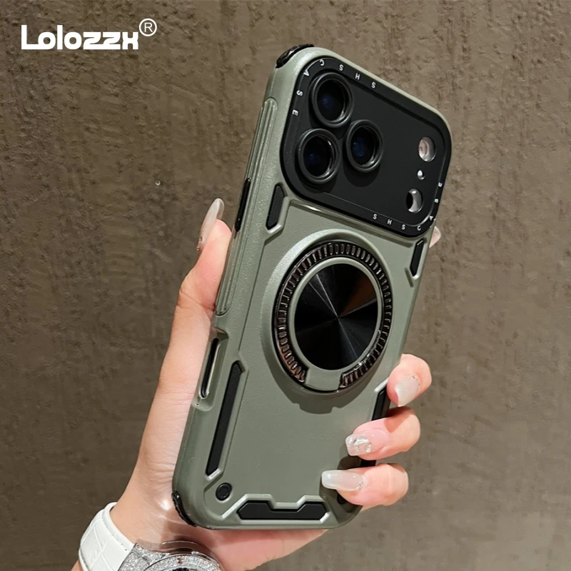 Magnetic Armor Stand Phone Case with Rotatable Kickstand and Matte Finish