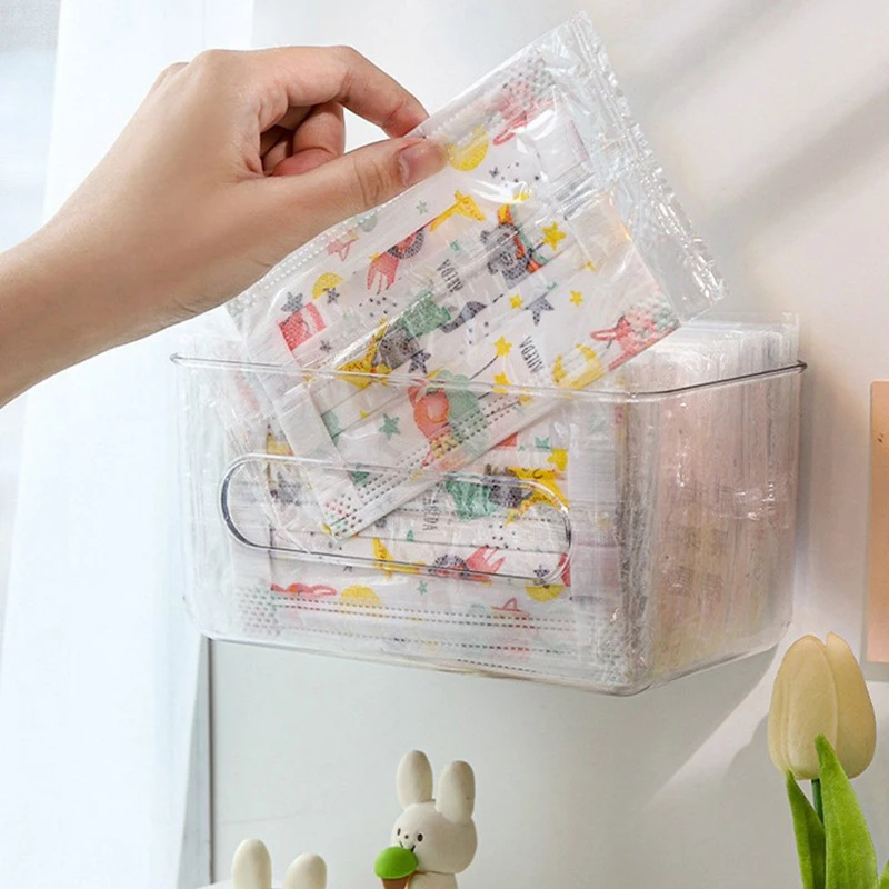 

1Pc Transparent Storage Box Wall Mounted Tissue Box Large Capacity Disposable Mask Holder Free-punching For Home Office Supplies