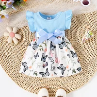 Baby Girl Butterfly and Plant Print Ruffle Sleeve Belt Dress 2
