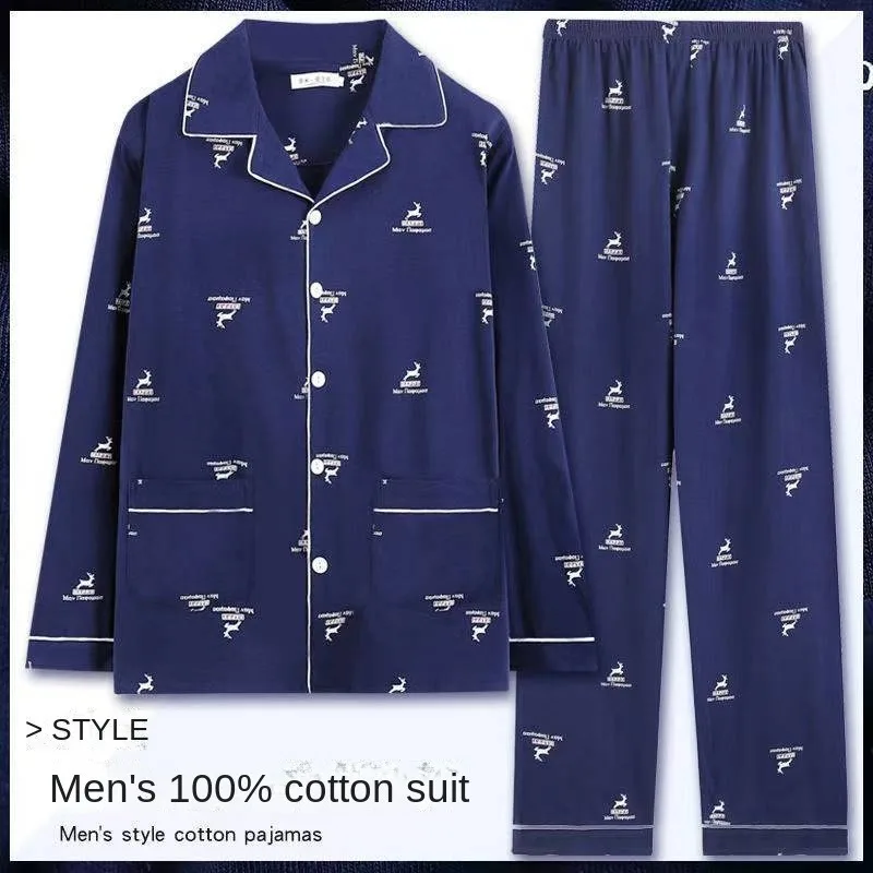 Cotton Pajamas Men Long-Sleeved Lapels Men Comfort Suits Young and Middle-Aged Spring and Autumn Loungewear Plus-Size 2 Piece Set