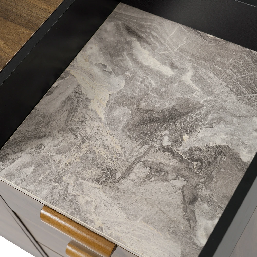 KOMHTOM Wohnzimmer Kommode in Eiche Dekor mit Marmor-Optik Platte - 3 Schubladen & Doppeltürschrank - Massivholzbeine – Detail 7