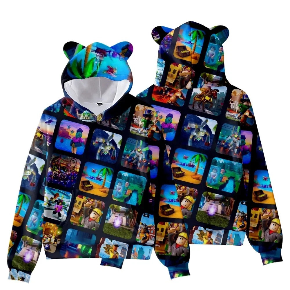 3D New ROBLOX Children\'s Clothing Cat Ear Hooded Digital Printed Hooded Sweatshirt for Children Tiny Cottons Kids Winter 2024