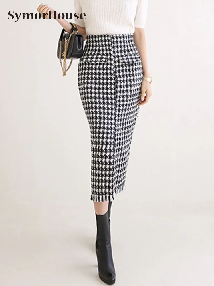 

Spring Summer Women Bodycon Skirt Houndstooth High Waist Skirts Sexy Elegant Korean Chic Office Lady Split Casual Skirt Autumn