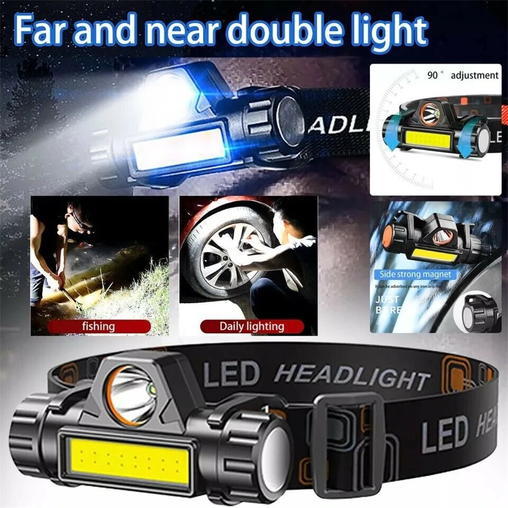 

Portable Mini Flashlight Q5+COB 2500lm Headlamp USB Rechargeable Head Torch Outdoor Camping Fishing Headlight Built-in Battery
