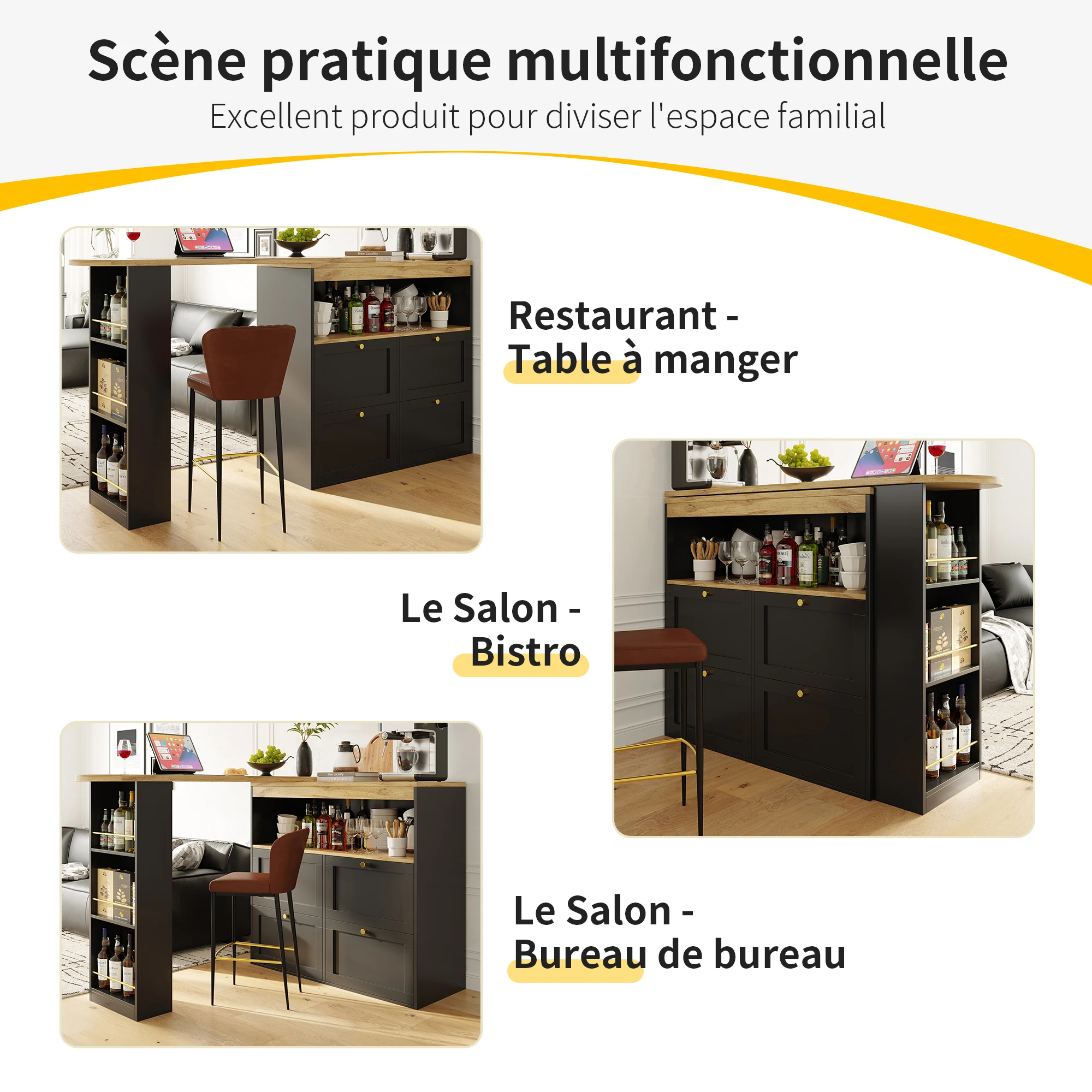 360 ° Drehbarer Bartisch (Hauptkörper 105 x 39 x 102 cm), mit 4 Schubladen und offenen Regalen, geeignet für Esszimmer/Arbeitszimmer/Wohnzimmer – Detail 23
