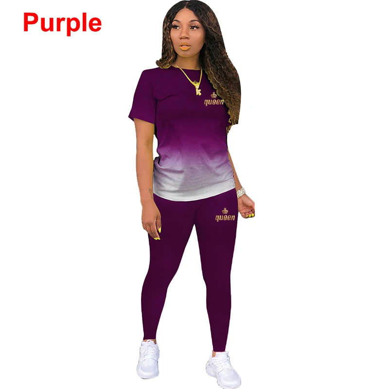 Trend Queen Print Women's Gradient Short sleeved Long Pants Casual Sports Two Piece Set with 8 Colors