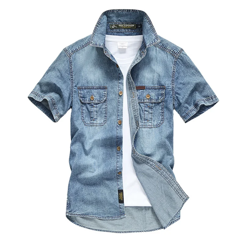 

Men Business Shirt for Work Male Casual Summer Tops Men's Short Sleeve Solid Denim Shirt Classic Pocket Decoration T-shirt MY436