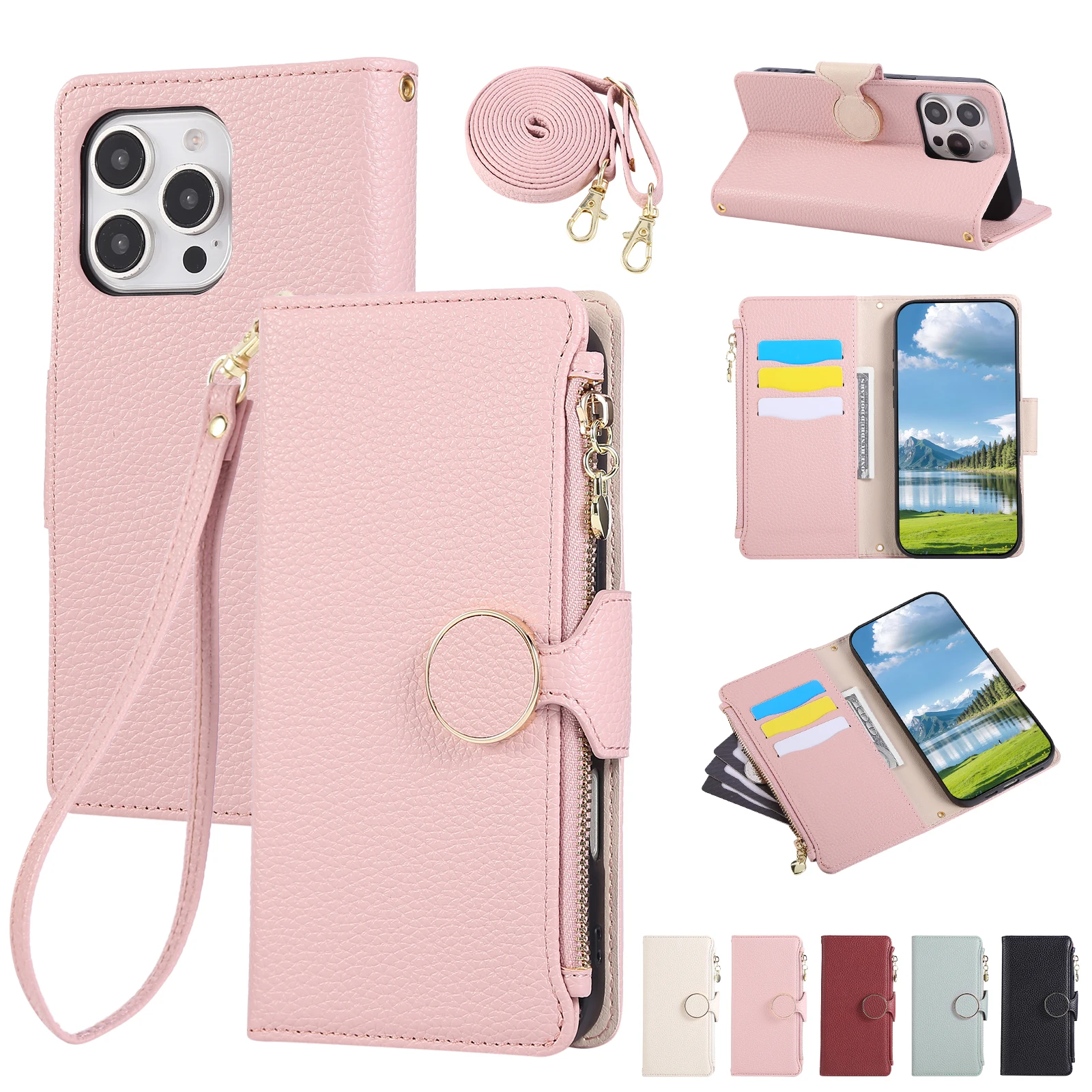 Crossbody Multi-Card Leather Wrist Strap Zipper Case