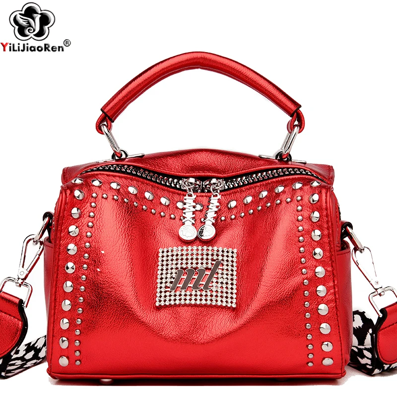Fashion Rivet Small Handbag Wide Shoulder Strap Shoulder Bags for Women Brand Leather Crossbody Bag Cute Purses and Handbags