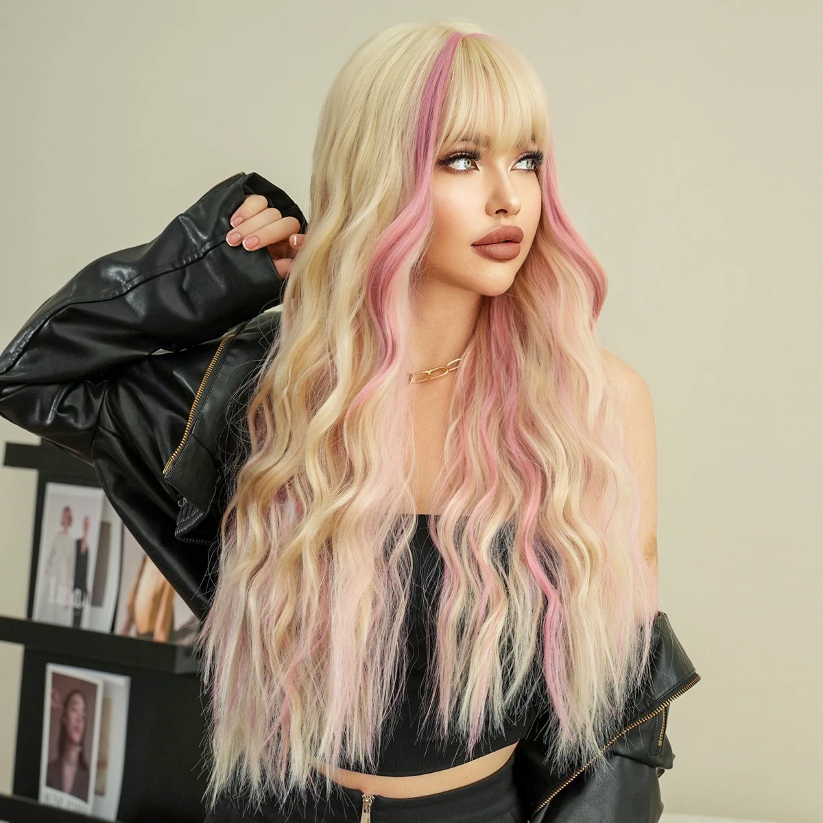 NAMM Long Wavy Blonde Wig for Women Daily Party Highlight dyeing Pink Synthetic Hair Wigs With bangs wig Halloween Cosplay