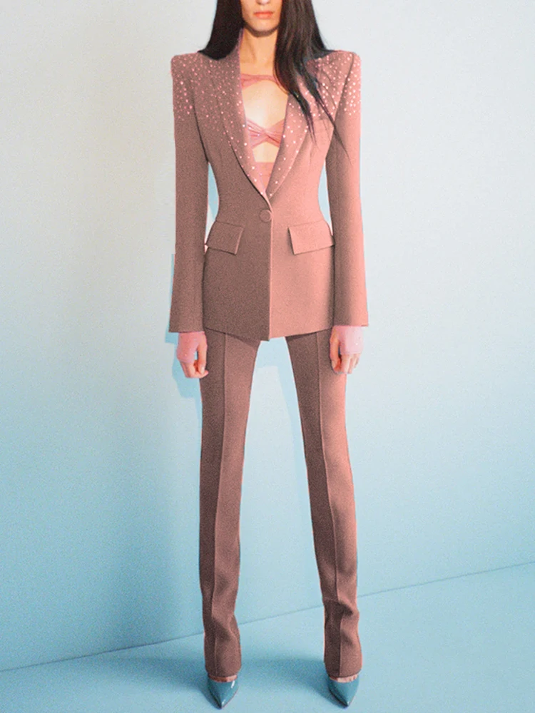 

TOP QUALITY Newest 2023 S/S Career Fashion Designer Suit Set Women's Elegant Single Button Diamonds Beaded Blazer Pants Suit