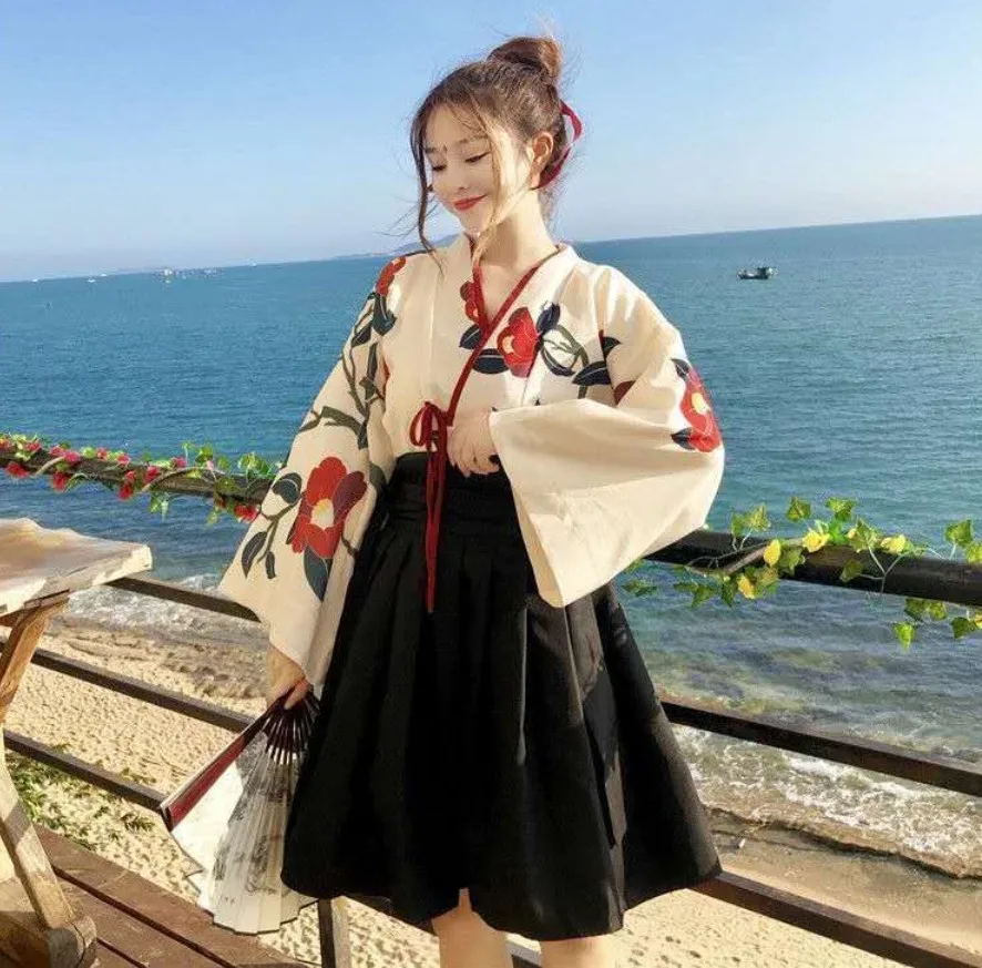 Japanese Kimono Cardigan Japanese Kimono Japanese Kimono Shirt Kimono Sakura Girl Japanese Style Floral Print Vintage Dress Woman Oriental Camellia Love Costume Haori Yukata Asian Clothes