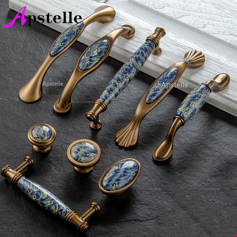 

APSTELLE Cupboard cabinet Knob drawer Dresser handles Closet pulls Blue Leaf hand painted ceramichandle and knobs