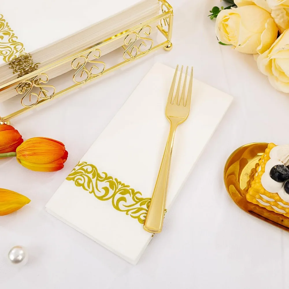 350 Pieces Plastic Plates-50 Guest Disposable Dinnerware Set Include 100 Plates, 50 Gold Plastic Silverware, Gold Napkins