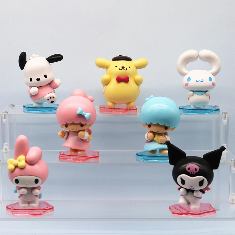 

7pcs Sanrio Kuromi Anime Figure Melody Pochacco Onpompurin Cinnamorol Kawaii Pvc Statue Model Children Cute Toy Gift For Kids