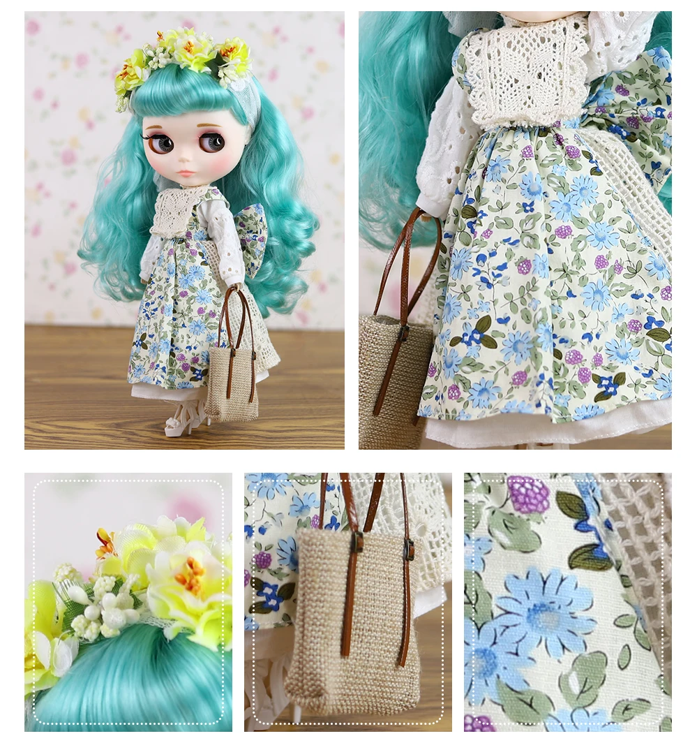 Neo Blythe Doll Vintage Dress with Headdress, Bag & Socks 2