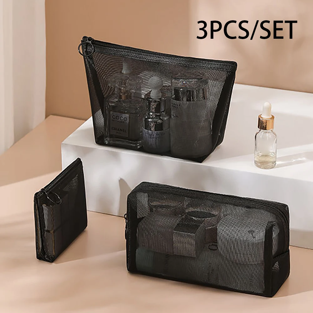 Sleek Black Mesh Travel Makeup and Toiletry Organizer