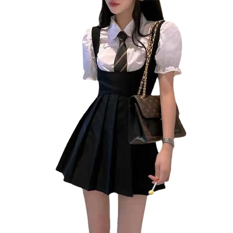 

Suspender Fashion Jk Uniform Streetwear Student Pleated Skirt Y2k Strap Dress Two Pieces Puff Sleeve Shirt Women Set Summer Slim