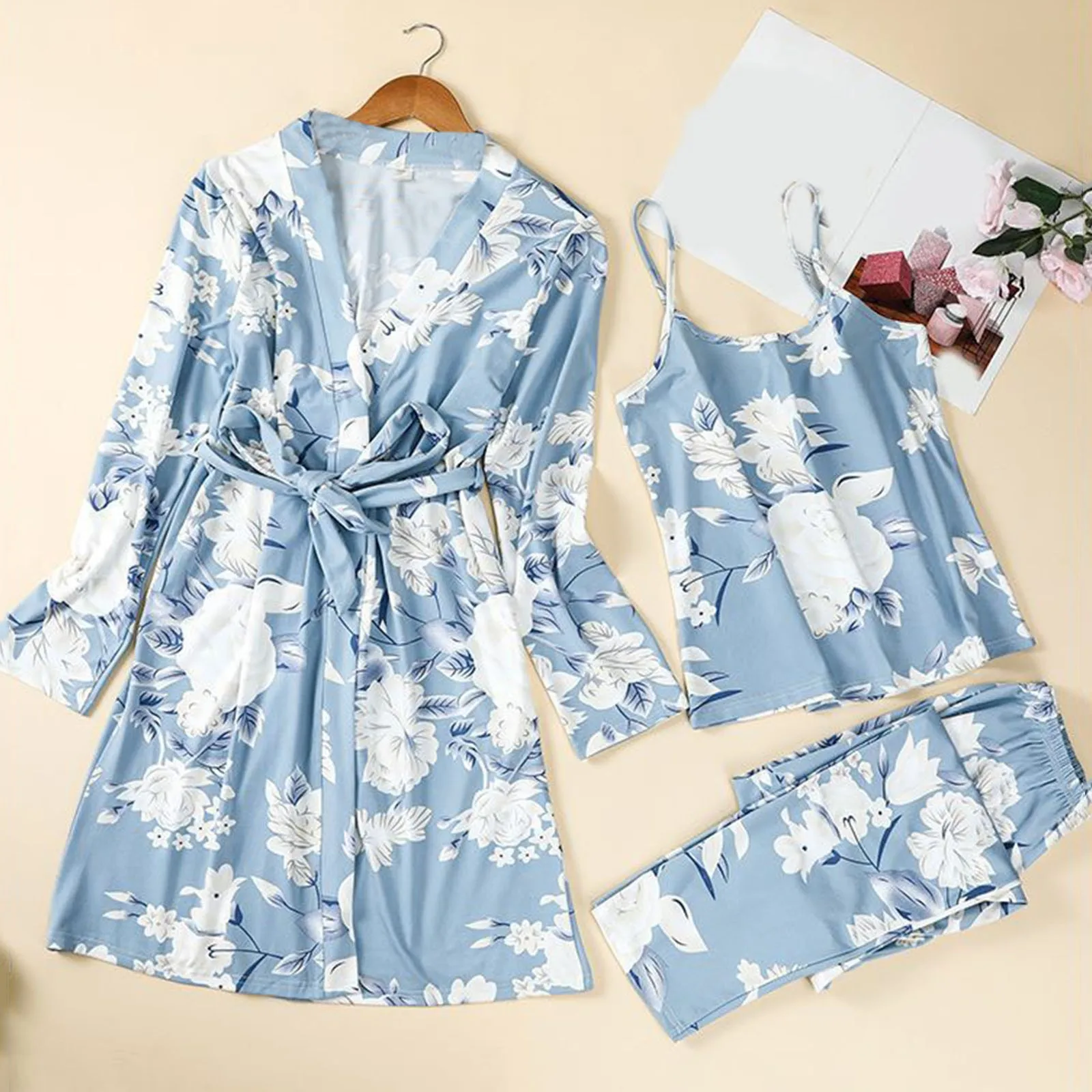 

Homewear Sleepwear Robe Pajamas 3pcs Set For Women Womens Lace Suspenders Pants Home Wear Soft Nightgown Sleepwear Home Clothes