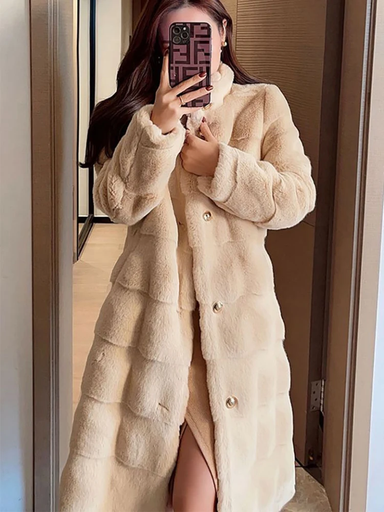UCXQ-Mink Fur Coat Women Stand Neck High Quality Plush Thick Overcoat Casual Loose Single Breasted Mid Long Jacket Autumn 2024