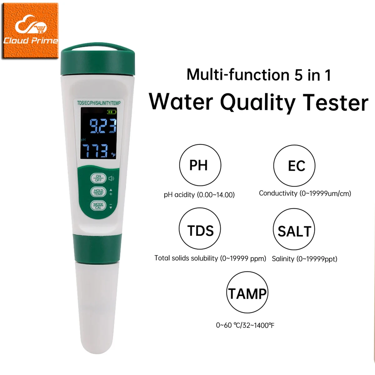 5-in-1 Water Tester Pool Salt Tester High Accuracy PH/EC/TDS/Salt/Temp Meter Water Analyzer for Pools Aquariums