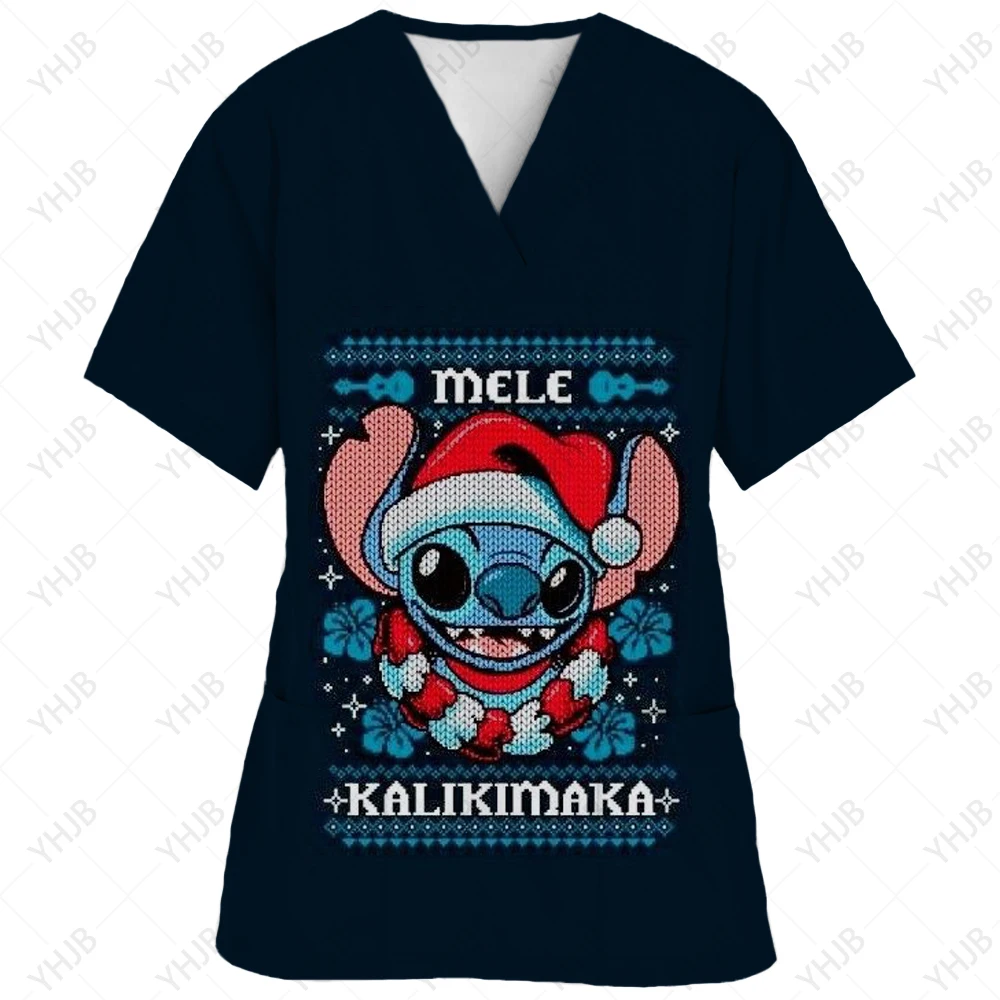 thumbnail image 1 of Blusa de uniforme de trabajo con cuello en V y cordón de manga corta con estampado de dibujos animados de Disney Stitch para mujer, 1 of 5