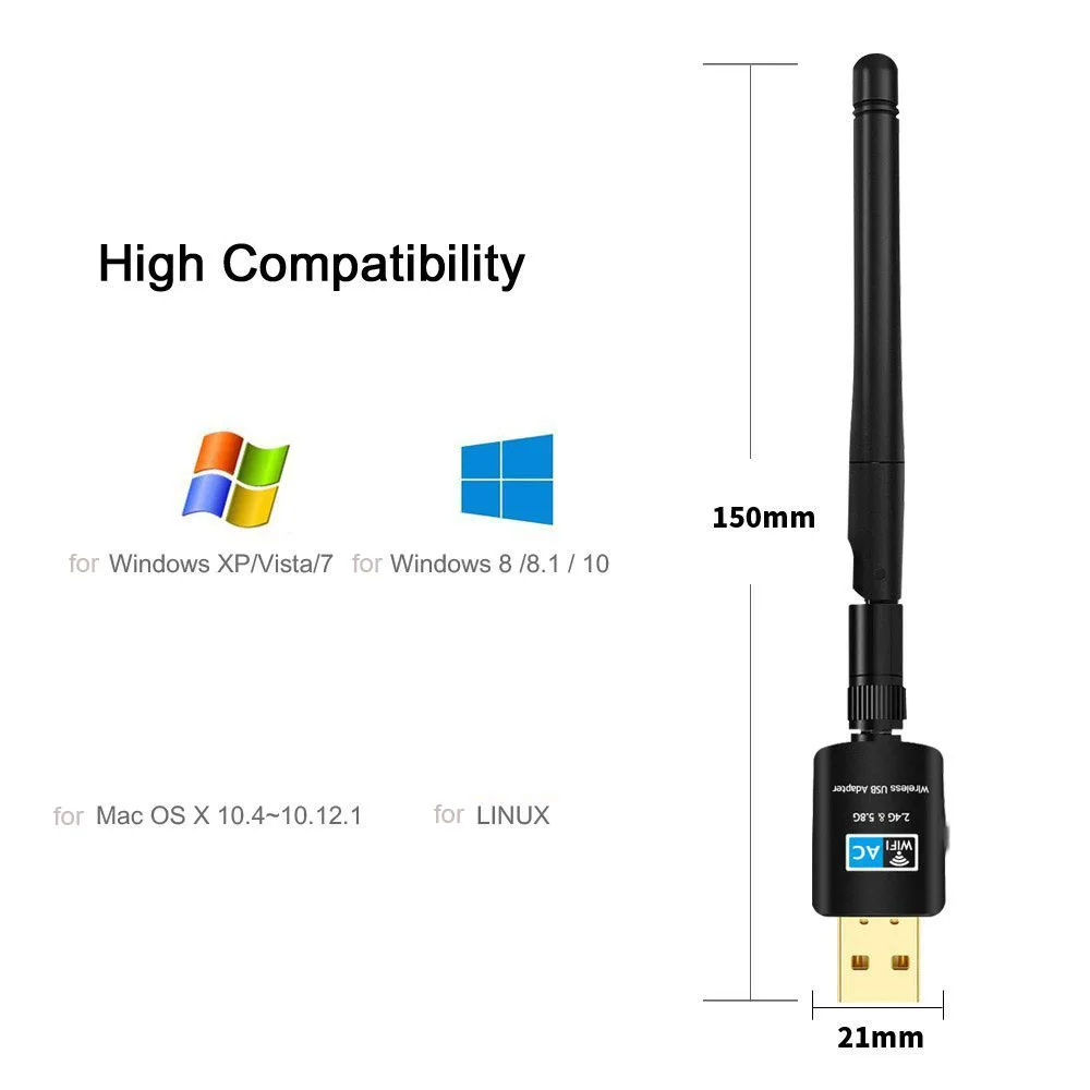 고속 600Mbps USB Wifi 어댑터 5.8GHz+2.4GHz Wi-Fi 수신기 Wi-Fi 안테나 무선 PC 네트워크 카드 802.11ac