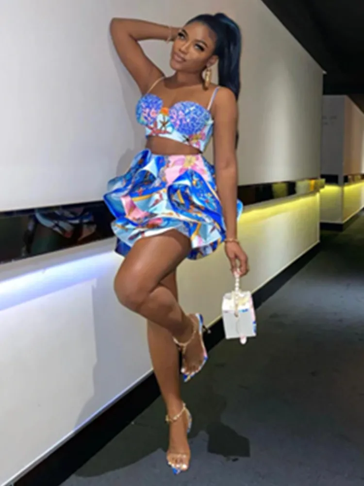 

Women Summer Sexy Backless Sequines Glitter Ruffles Print Blue Bodycon Two Piece Set 2021 Celebrity Evening Party Women's Set