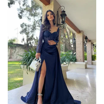  Sansa Sweetheart Neck Long Sleeve Prom Dress Trumpet Side High Split Customized Party Dress Court Train Satin Evening Dresses