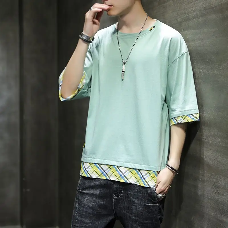 

Модные футболки в клетку из двух частей с круглым вырезом и соединением, Мужская одежда, Новинка лета 2024, Свободные повседневные топы, универсальная Футболка