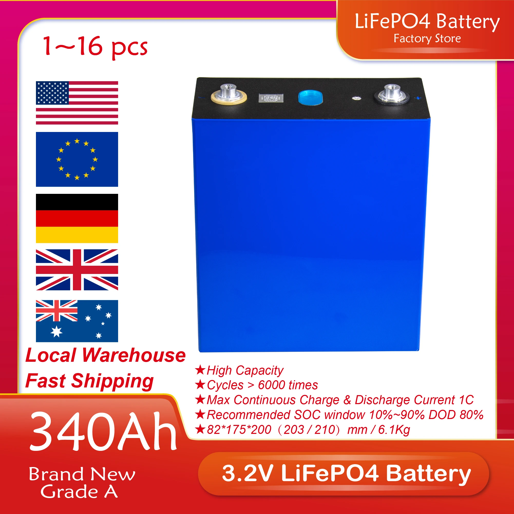 

3.2V 340Ah LiFePO4 Battery 4/8/16/32/48PCS Rechargeable Cell DIY 12V 24V 48V Batteries Pack for Solar Energy System RV Golf Cart
