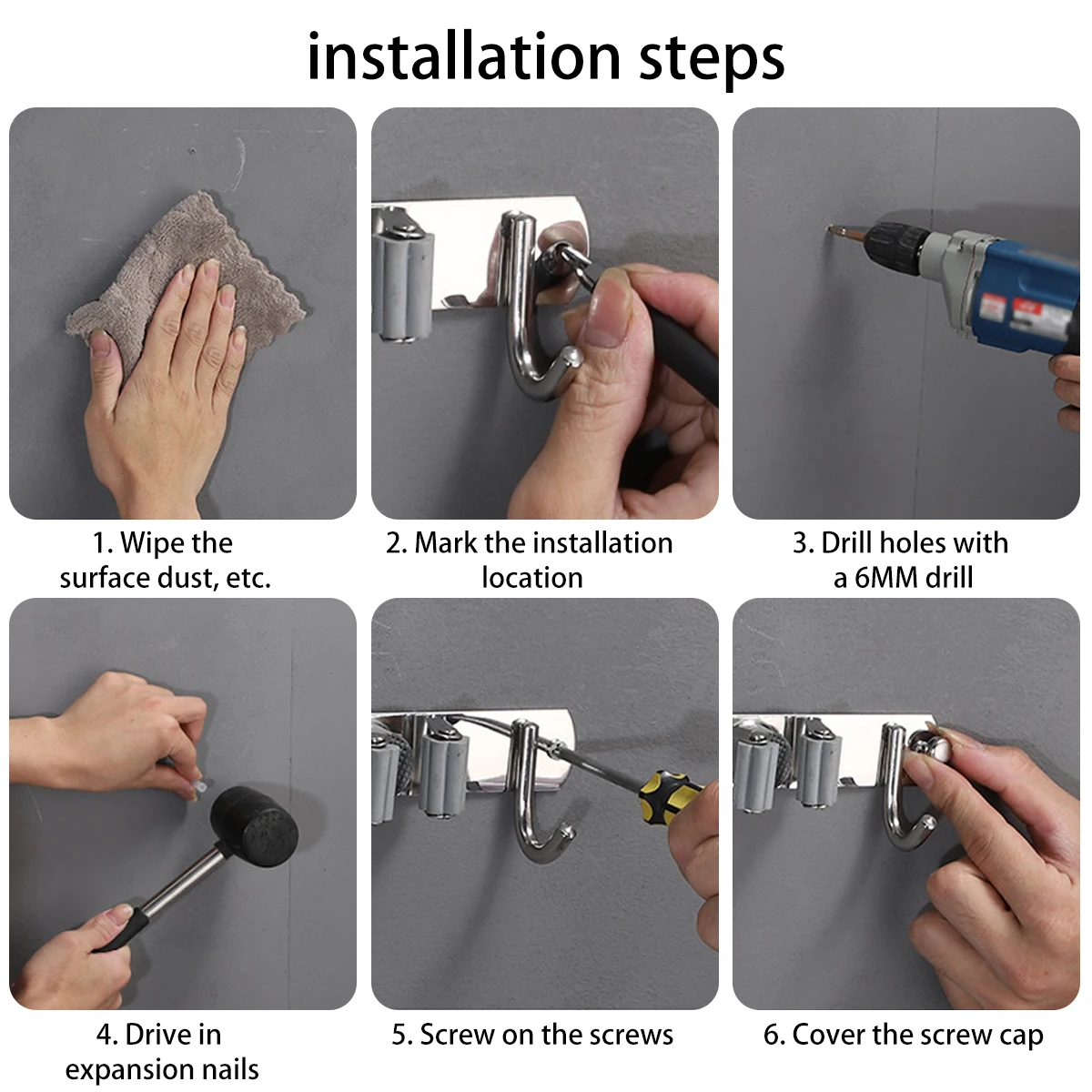 Mop Holder Stainless Steel Wall-mount Non-slip Broom Organizer Rack for Garage Bathroom Storage Hook Organization Accessories