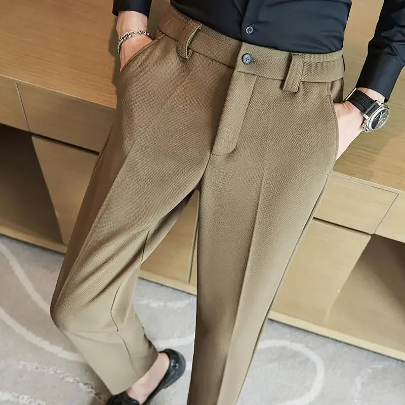 New Winter Korean Style Men's Thick Suit Pants Elastic Waist Business Casual Work Office Slim Fit Warm Trousers Black Khaki
