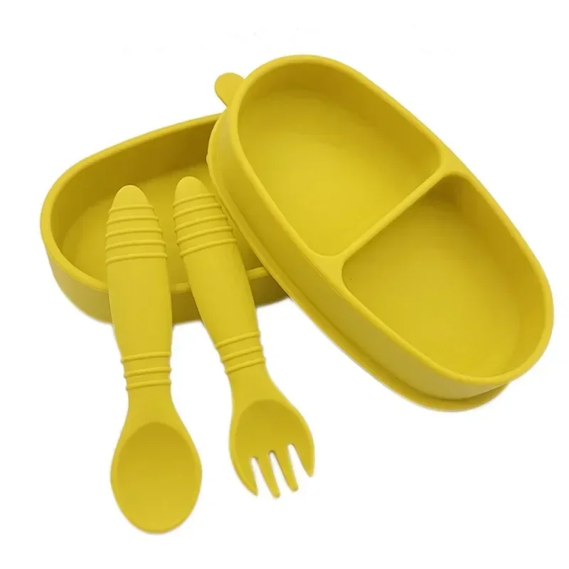 

Новая интегрированная двойная детская силиконовая тарелка вилка ложка столовая посуда набор против падения присоска детская дополнительная еда