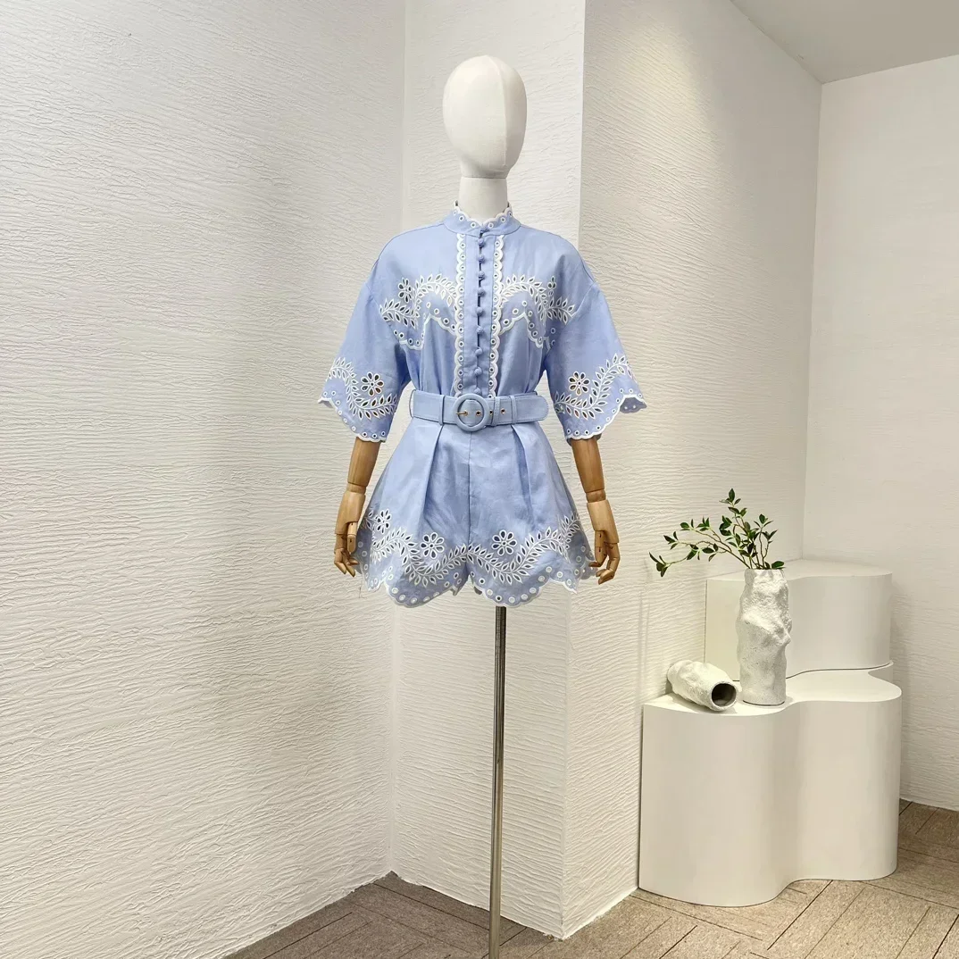 

High Quality 2023 New Arrivial Hollow Out Linen Cotton Blue Half Sleeve Blouse and Shorts Set Women Holiday Beach Style