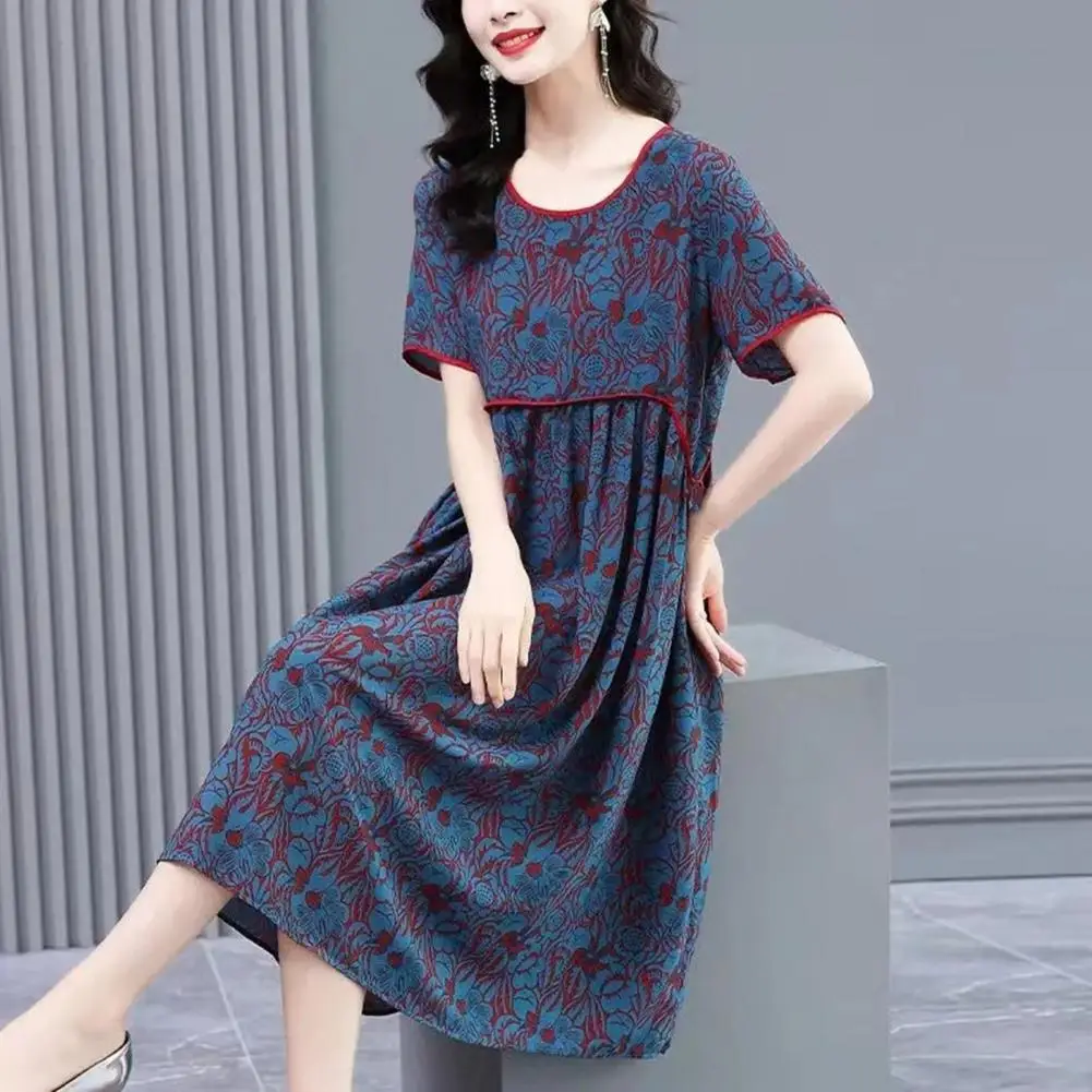 

Women Retro Dress Dress Vintage Flower Print Patchwork O Neck Short Sleeve Loose Knee Length Pleated Summer Mother Midi Dress