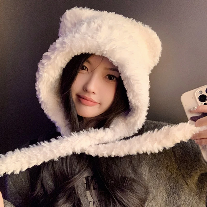 

2024 Winter Women Ear Protection Hat Cute Bear Girl Earmuffs Cap Thick Plush Warm Bomber Hat Solid Lamb Fleece Beanies Bonnet