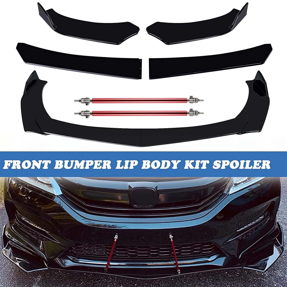 

Universal Front Bumper Lip Spoiler Splitter Body Kit Guards + 15cm Strut Rod For Honda Accord Civic 2000-2022 Car Accessories