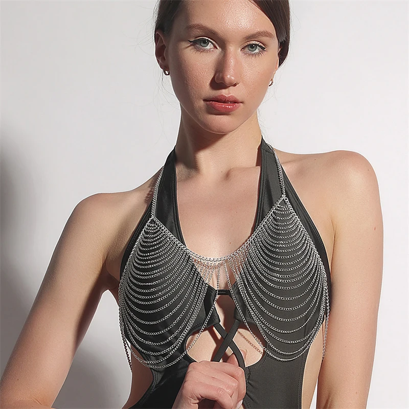 Mehr schicht ige Kette Quaste lange Metall Tanktops Körper Kette Top Gold Halfter rücken frei sexy maßge schneiderte Abdeckungen Weste Frauen Crop Top