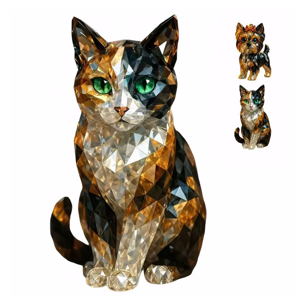 Creative Fake Crystal Resin Painted Animal Statue Mini Cat/Dog Clear Glass Collectible Artwork Home Office Decoration Ornament